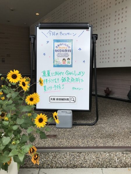 エントランスの看板とひまわり